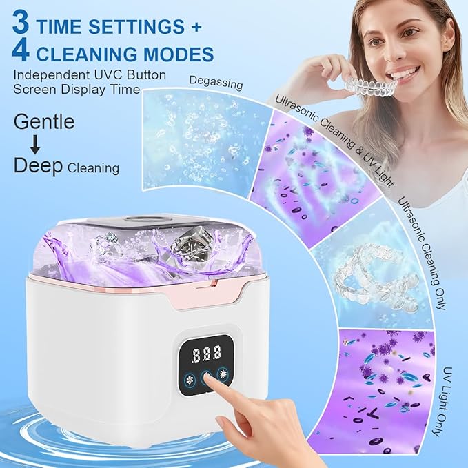 Ultrasonic Retainer Cleaner Machine, 48kHz Ultrasonic Dentures Cleaner with Timer & 4 Modes, 240ML Dental Pod for Mouth Guards, Braces, Aligner, Toothbrush, Jewelry, Makeup tool (White)