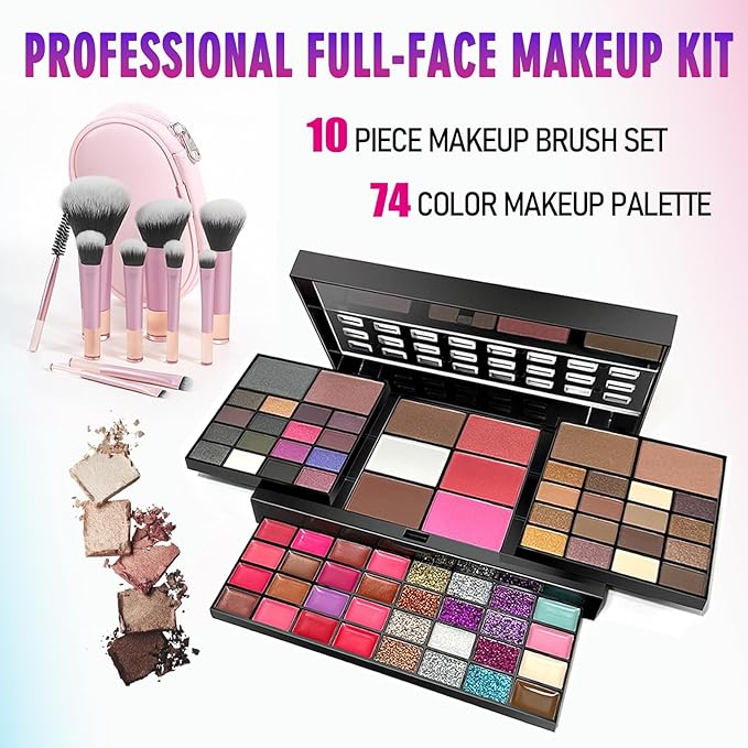 74 Colors Makeup Palette with 10-Piece Makeup Brush Set – All-in-One Full Face Makeup Kit, Eyeshadow, Lip Color, Blush & Contour Set, Gift for Women