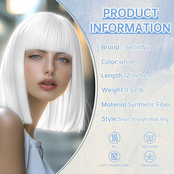 White Wig With Bangs Short Bob Straight Wigs for Women Shoulder Length White Natural Looking Synthetic Heat Resistant Fiber Wigs for Halloween Costumes Cosplay Daily Use(12 Inch)