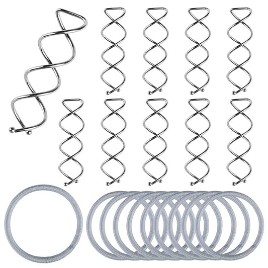 Teenitor 20PCS Spiral Hair Pins, Spiral Bobby Pins Bun Pins, Hair Twist Spin Pins for Hair, Hair Bun Maker for Women, Girls and Kids with 10 Hair Ties, Silver