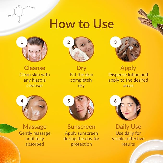 Nasola Kojic Acid Lotion Natural Skin Clarifying for Face & Body with Vitamin C, Niacinamide, Shea Butter, Licorice & Green Tea for Complexion Revitalization, Women & Men