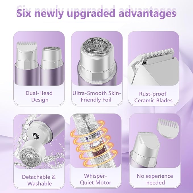 Bikini Trimmer for Women, 2 in 1 Electric Razors for Women Dual Head Body Hair Remover IPX8 Waterproof Painless,Rechargeable Shaver for Face Legs Underarms Pubic Hair,Purple