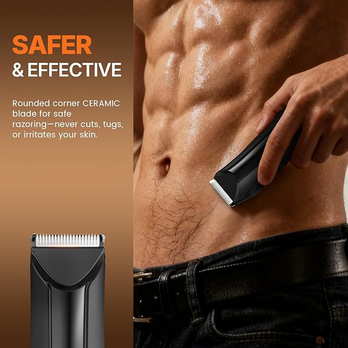 PRITECH Body Hair Trimmer for Men - Rechargeable Trimmer for Mens with Ceramic Blade, Wet & Dry Mens Ball Trimmer with Standing Recharge Dock, Cordless Groin Hair Trimmer for Men