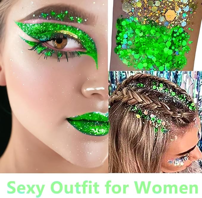Go Ho Light Green Face Body Glitter,Sparkly Face Glitter Makeup,Light Green Face Paint Holographic Chunky Sequins Glitters for Eye Lip Hair, St Patricks Day Accessories