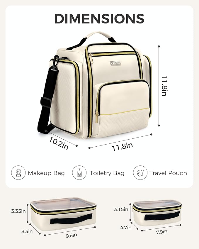 BAFAMYE Large Travel Makeup Bag - Cosmetic Organizer with 4 Removable Inner Pockets, Multi-functional Toiletry Bag for Accessories & Brushes, Women's Beauty Case, Beige