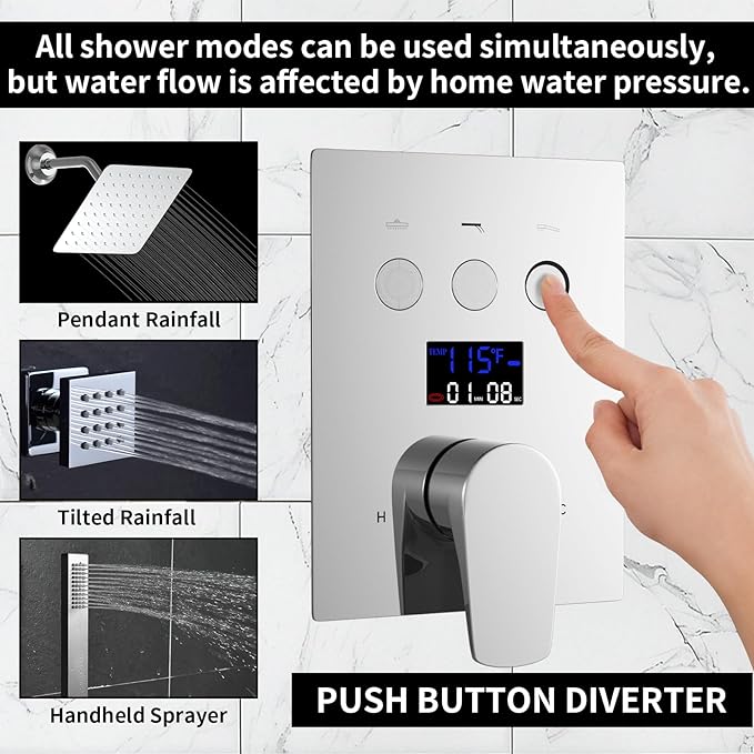 HONGTONGSOWER Bathroom Rainfall Shower System Wall Mount 8 Inch Shower Head With Handled Spray 6 Pcs jets Temperature Display Shower Faucet Set (Chrome)