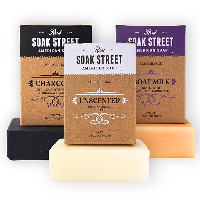 Soak Street Real American Soap (Variety Bundle, 3 Pack) – Natural Bar Soap Made with Grass-Fed Tallow, Conditioning Lard, & Pure Coconut Oil – Unscented, Charcoal & Tea Tree Oil, & Lavender Goat Milk