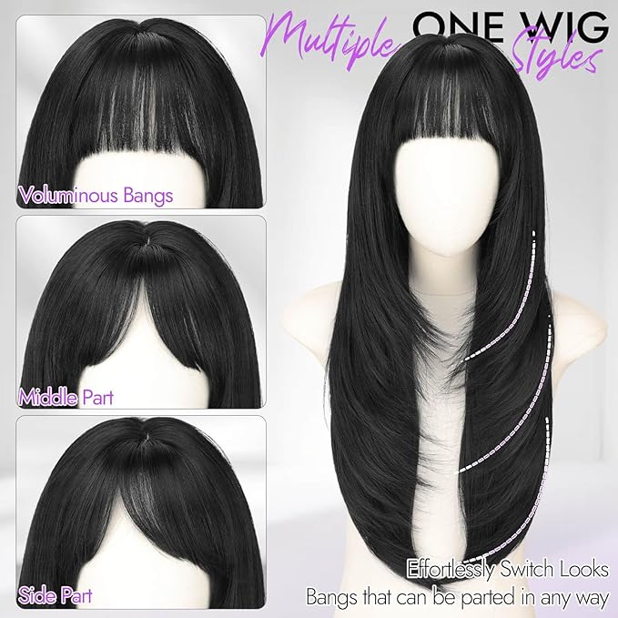 Long Black Wig with Bangs for Women, 4x4 Realistic Scalp,Free Parting, Layered Hairstyle Synthetic Heat Resistant for Daily Party Use 26 inch