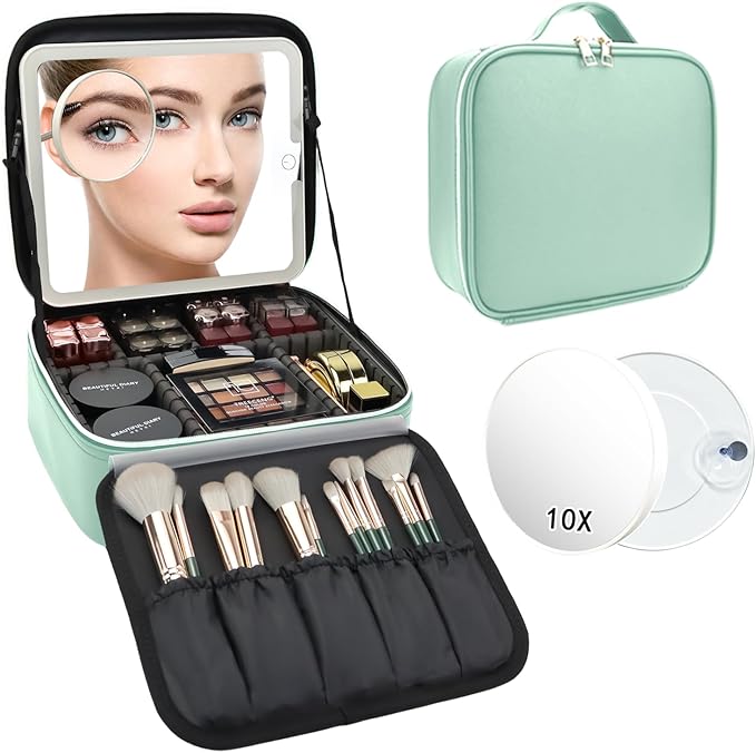 SLUMAZI Travel Makeup Bag with LED Mirror and 10x magnifying glass with 3 Lighted Settings, Adjustable Dividers and Makeup Brush Storage Bag Light Green