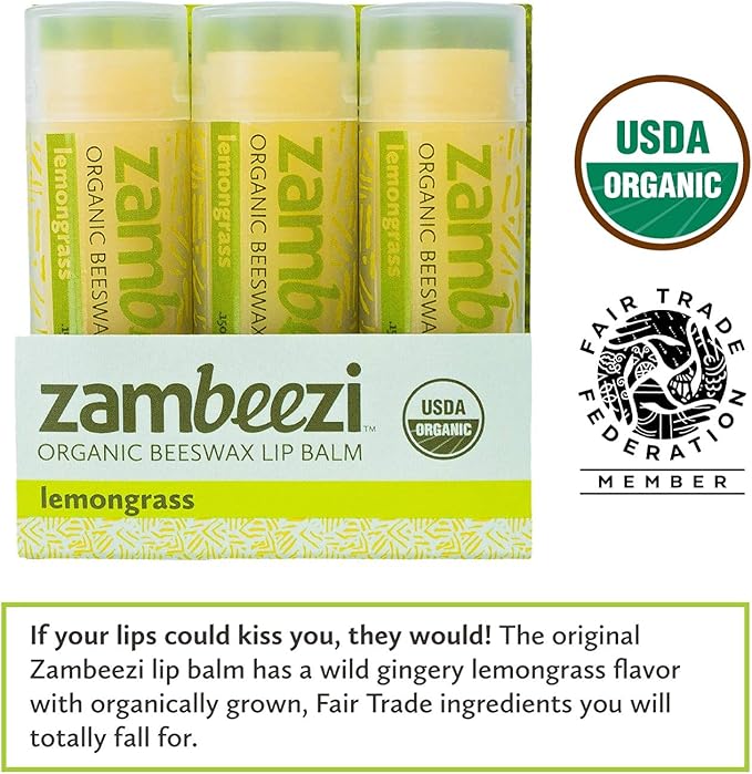 ZAMBEEZI Organic, Fair Trade Beeswax Lip Balm - Lemongrass 3 Pack - Ethically Sourced