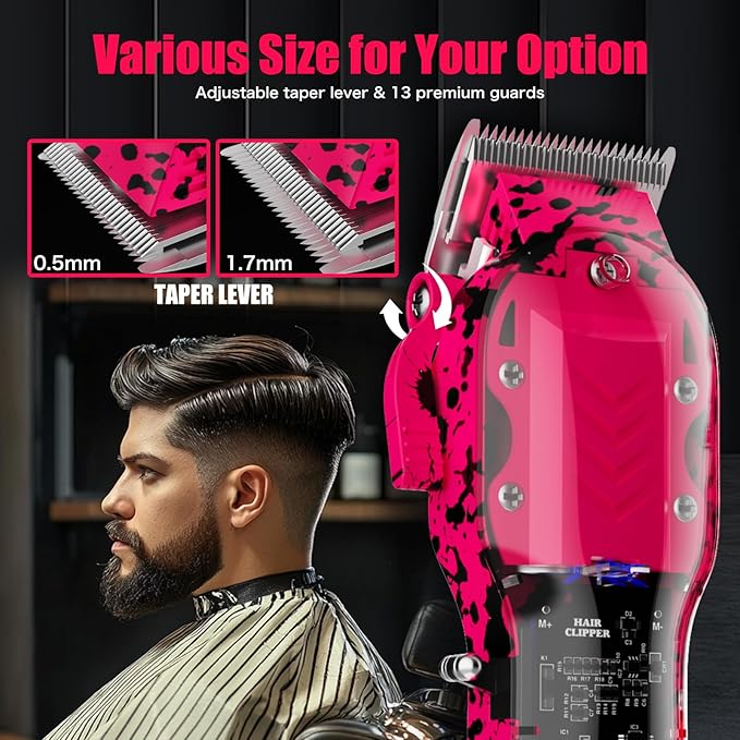 Professional Hair Clippers for Men, Cordless Barber kit for Hair Cutting & Grooming, Hair Clippers Set for Barber Haircut with LED Display 8 Fade Taper Combs(Pink)