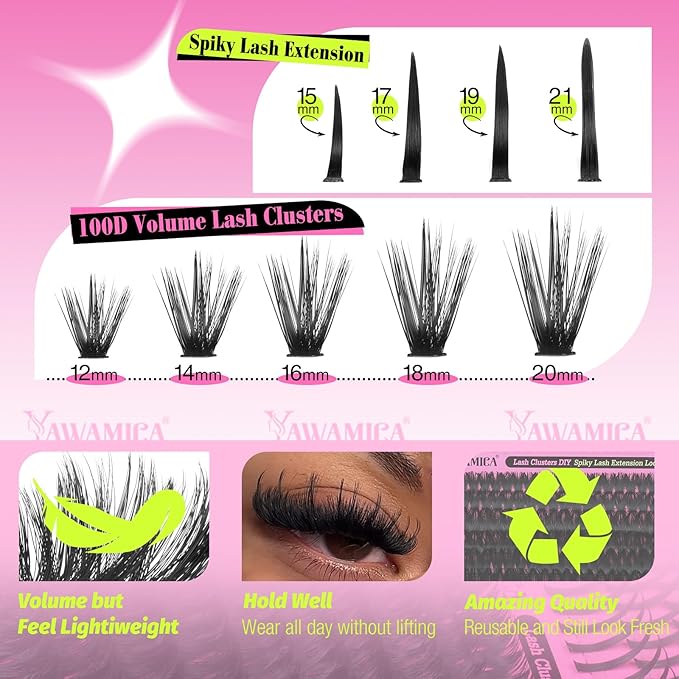 Yawamica Lash Clusters Kit with Spikes DIY Spiky Eyelash Extension Wispy Eyelash Clusters 12-20mm with 15-21mm Lash Spikes D Curl Individual Lashes DIY Lash Extension Kit with Bond and Seal Tweezers