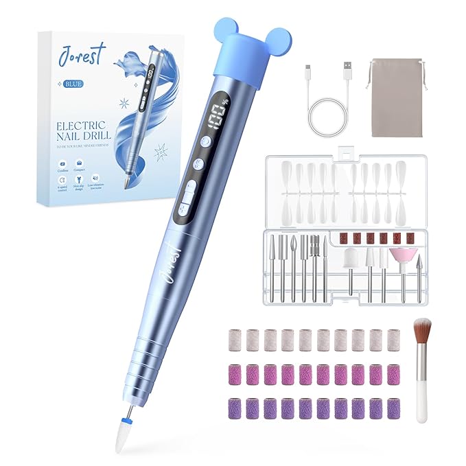 JOREST Electric Nail Drill Kit, 13 in 1 Rechargeable Nail File, 6-Speed Beginners Set, for Acrylic Gel Nails, Manicure & Pedicure Tool with Nail Drill Bits and Sanding Bands,Gifts for Women, Blue