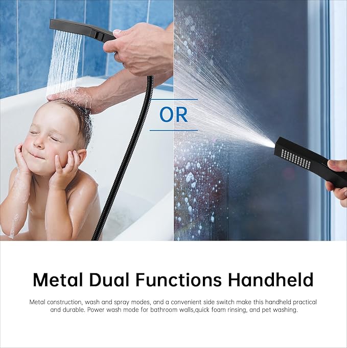 G-Promise All Metal 14 Inches Rain Shower Head with Handheld Built-in Power Wash Mode, 3-way Shower Diverter with Pause Setting, 11 Inches Adjustable Extension Arm, Long Hose (Matte Black, 14 Inches)