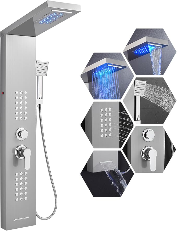 KINKIB LED Shower Panel Tower System with Rainfall Waterfall Shower Head, 5-in-1 Shower Tower with Powerful Body Jets, Handheld and Tub Spout, Shower Column Stainless Steel, Brushed Finish