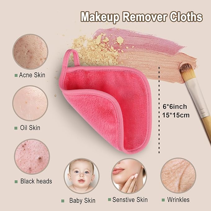 KODAMO Makeup Remover Cloth, Reusable Makeup Remover Pads Washable Travel Bag, Microfiber Makeup Removal Face Wash Cloths with Just Water, Gentle Soft,12 Pack, Pink