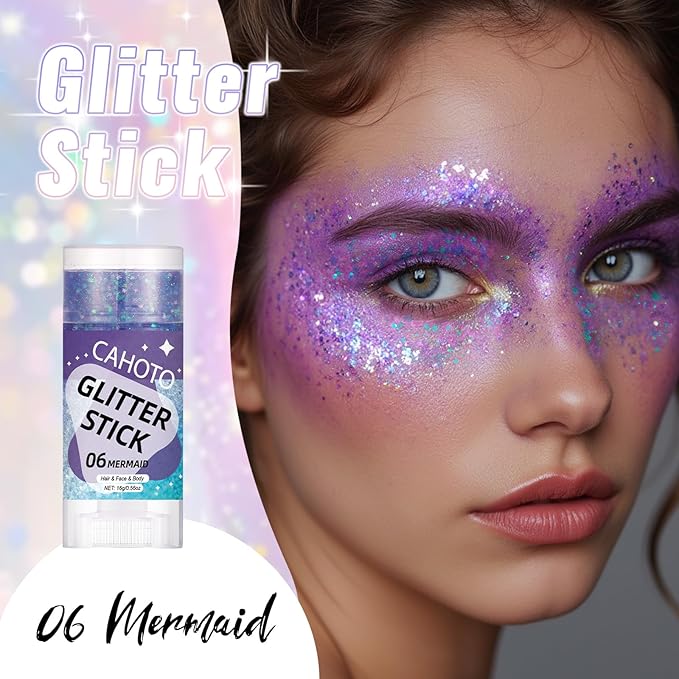 Mermaid Face Body & Hair Glitter Stick for Singer Concert Outfit, Purple Shimmer Stick Gel for Women, Sparkling Chunky Sequins for Fairy Dust Makeup Rave Festival Carnival Halloween, 0.56oz