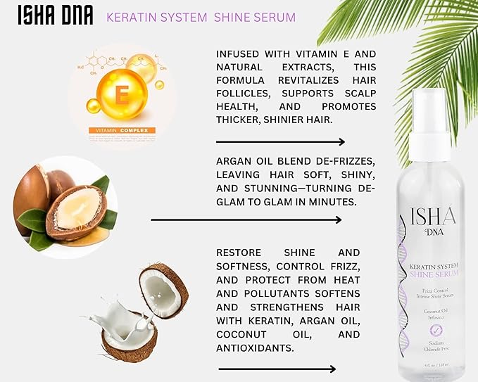 ISHA DNA Keratin Treatmen System Hair Shine Serum Drops - Frizz Control - Instant Shine - Coconut and Argan Oil Infused with Vitamin E - Smoothing and Straightening - Sulfate Free