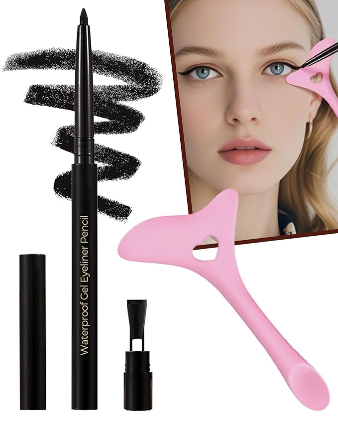 Black Eyeliner Pencil Retractable Gel Eye Liner Pencil Built in Sharpener Waterproof Smudge proof Waterline Eye Liner Pencils Smooth Creamy Texture With 1 Eyeliner Stencil Makeup Tool