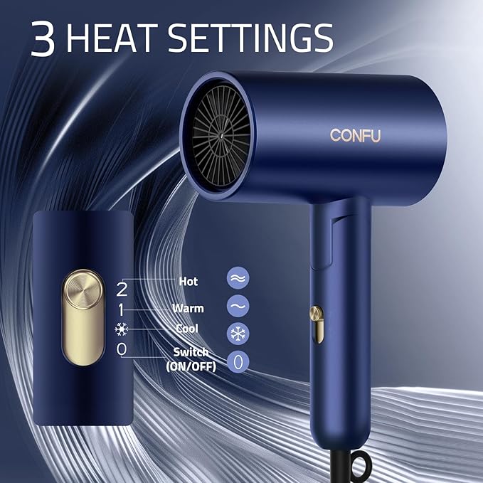 CONFU Diffuser Hair Dryer for Curly Hair,1500W Fast Drying Blow Dryer with Diffuser for Women,Compact & Portable Negative Ion Hairdryer,Mini and Foldable Blowdryer Design for Travel(Blue)