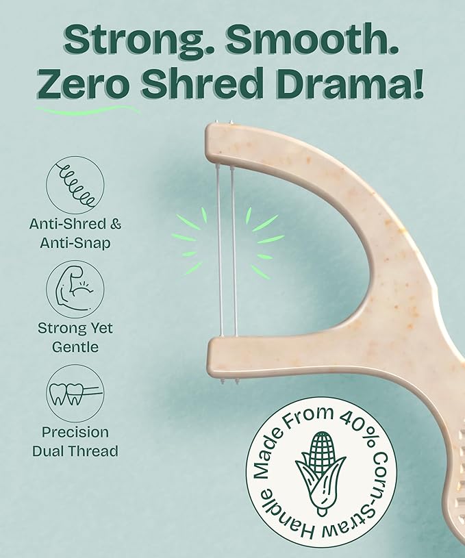 Dental Floss Picks (200pcs) - Flossers for Adults, Vegan Corn-Straw Handle, Superior Oral Care & Anti-Shred Thread, Dental Hygiene, Tooth Pick Sticks, Teeth & Gum Health (Unflavored, Double Thread)