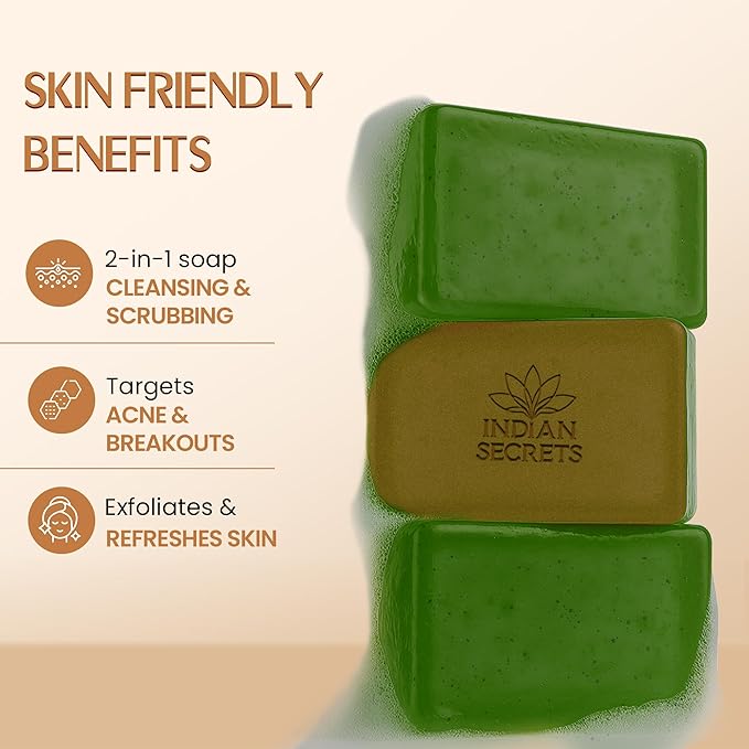 INDIAN SECRETS Scrub Soap with Salicylic Acid & Neem – Exfoliating Body & Face Soap – Enriched with Niacinamide, Tea Tree Extract, Neem, Salicylic Acid Pack of 3 (110g/3.88Oz each)