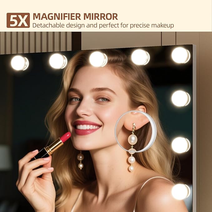 Vanity Mirror with Lights, Makeup Mirror with USB/Type-C Charging, Large Hollywood Mirrors w/ 18 LED Bulbs & 5X Magnifier, LED Mirrors for Bedroom Tabletop & Wall Mounted