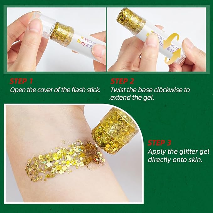 Body Glitter Stick for Face, Body & Hair - Gold & Silver Chunky Sparkle Glitter, 2 Pack | Long Lasting Party Makeup for Festival, Rave, Concert & Cosplay
