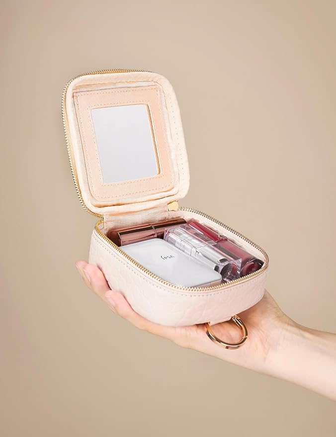 Oaque Small Makeup Bag with Mirror, Genuine Leather Mini Cosmetic Bag for Purse Makeup Pouch with Zipper Mini Toiletry Bag Cute Cosmetic Pouch for School, Travel, Car (Cream White)