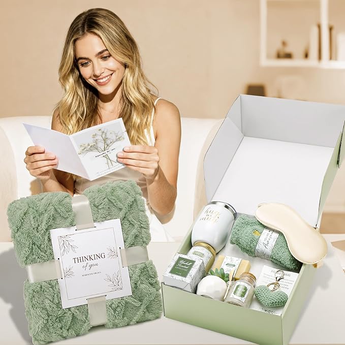CuriBox Get Well Gifts for Women Self Care Gifts Basket - Relaxing Spa Care Package After Surgery Thinking of You Birthday Gift - Feel Better Sympathy Gift Set for Her Mom Sister Friend Wife (Green)