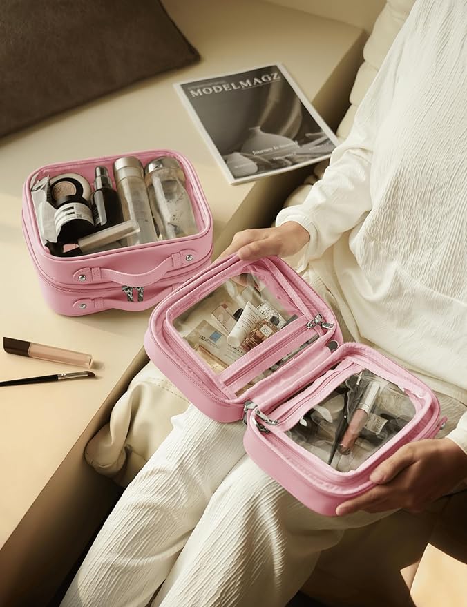 Oaque Clear Cosmetic Bag Double Layer Travel Toiletry Bag Clear Makeup Bag Case with 4 Compartments, Transparent Travel Bag for Toiletries, Large Toiletry Bag for Women Cosmetic Case (Pink, Small)