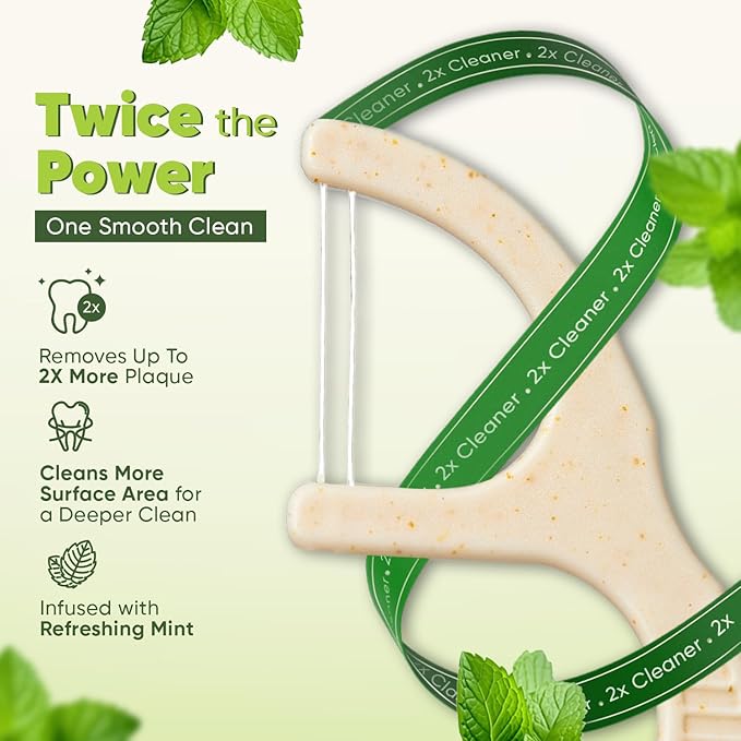 Dual Thread Dental Floss Picks - Straw Wheat Flossers | Thin & Shred-Resistant Thread for Tight Gaps | Dental Flossers for Adults | Gentle on Gums & Teeth (100 Pack, Mint)