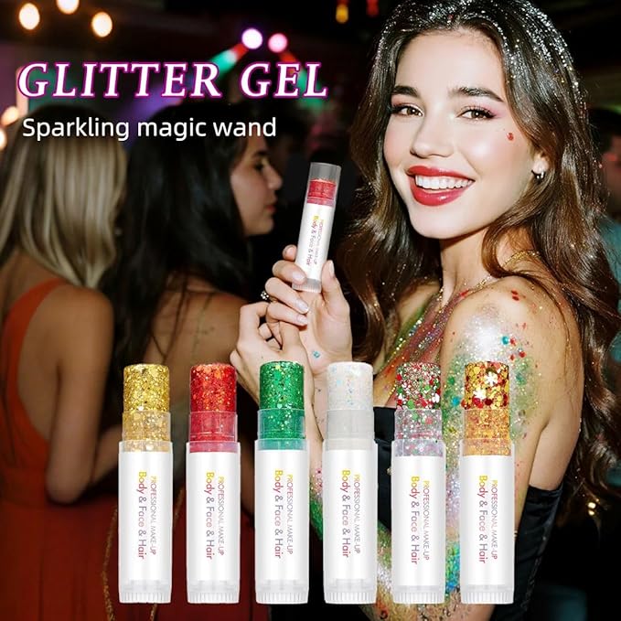Red Body Glitter Stick, Sparkling Neon Outfit Holographic Sequins Glitters for Eye Lip Hair Nails, Festival Rave Accessories Face and Body Glitter Gel Makeup