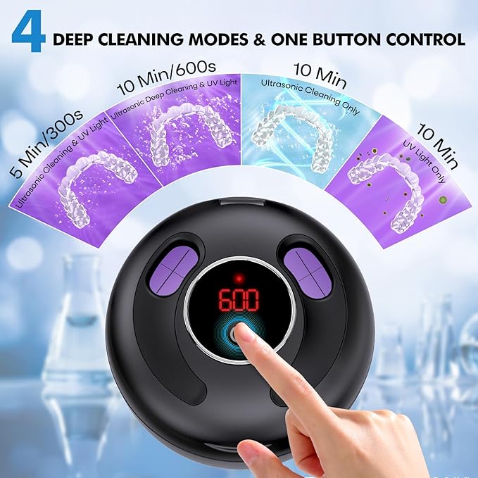 Upgraded Ultrasonic Retainer Cleaner Machine, 45kHz Ultrasonic Dentures Cleaner for Night Guards, Braces, Aligner, Toothbrush, Jewelry and More, 200ML Capacity, Black1