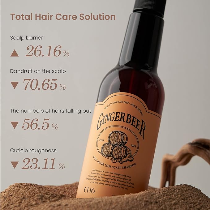 CH6 Ginger Beer Hair & Scalp Care Shampoo - for hair loss | Recover Damaged Scalp, Rich with German Beer Yeast for Hair Regrowth and Thickening, Thinning hair, Sulfate free, 16.9 fl oz