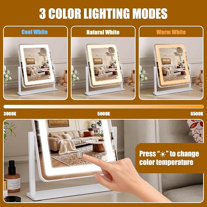 Vanity Mirror with Lights, 12.2"×15" Large LED Makeup Mirror with Light, HD Mirror, Smart Touch with 3-Color Lighting, Dimmable, 360° Rotation, Lighted Up for Vanity Desk Tabletop, Bedroom (White)