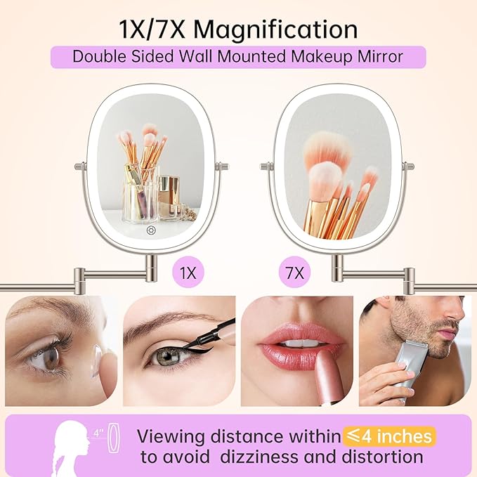 FUNTOUCH Wall Mounted Makeup Mirror,Rechargeable 7X/1X Double Sided Touch Switch Rectangle Oval Wall Mounted Magnifying Mirror with Light, 3 Color Setting,Extended Arm 360°Foldable, Nickel