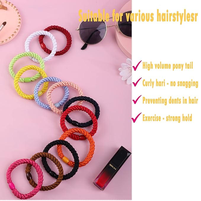 AXEN 8PCS Elastic Hair Tie for Women Girls, Cotton Bands Soft Woven Ponytail Holders for Thick Hair and Curly Hair, Warm Colors