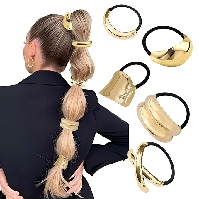 5Pcs Gold Hair Ties,5 Styles Gold Hair Accessories for Women and Girls Elegant Chic Metal Hair Cuff Non-Damage Ponytail Cuffs Holders for Thick Hair for Holidays and Christmas Gifts