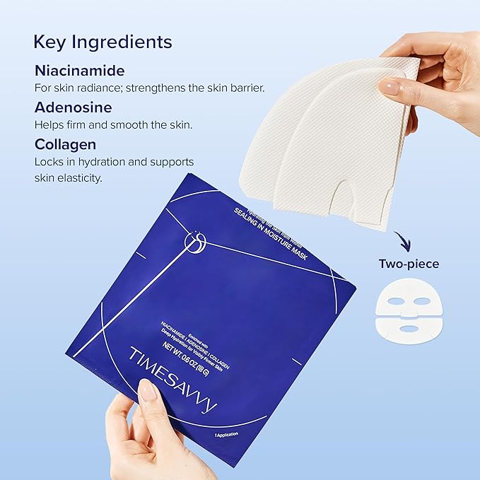 TIMESAVVY Sealing-in-Moisture Mask | No-Slip, No-Drip, No-Mess 15-Minute Triple-Layer Sheet Mask | Niacinamide, Adenosine &Collagen for Hydration,Firming & Glowing Skin | (18gx5ea)