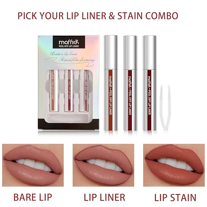 3PCS Peel Off Lip Liner Stain Set, Tattoo Lip Liner Peel Off Lip Stain with Tweezer, Long Lasting, Waterproof, Transfer-proof, Highly Pigmented Matte Finish Lip Tint Stain