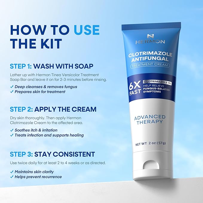 Hermon Clotrimazole Antifungal Treatment Cream & Soap Kit: Antifungal Cream for Athletes Foot, Jock Itch, Ringworm with Anti Fungal Soap - Relieves Itching Burning Cracking - 57g Tube / 113g Bar