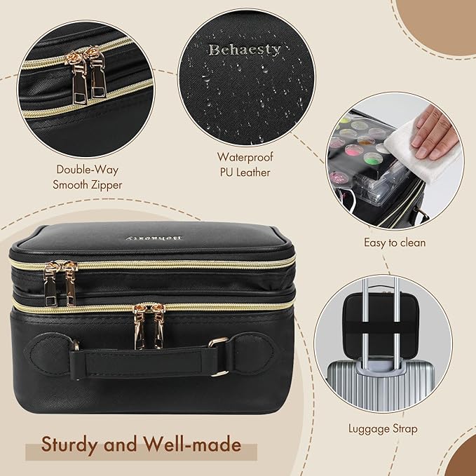 Behaesty Travel Makeup Bag with LED Mirror Double Layer, Detachable Vanity Mirror with Lights, Tri-light Dimmable, Makeup Case with Adjustable Dividers and Brush Holder Cosmetic Organizer Storage Box