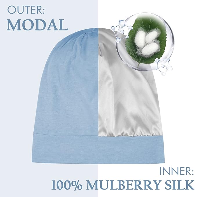 OLESILK Silk Bonnet for Curly and Frizzy Hair, Sleep Cap for Sleeping, Unisex Hair Wrap, Medium, Light Blue