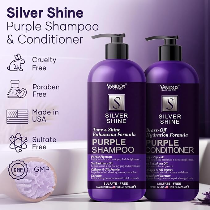 VANIDOX Sulfate Free Brass Toning Purple Shampoo and Conditioner Set for Grey and Silver Hair, Moisturizing & Color-Safe, Enhances Shine & Brightness, Made in USA (16 fl oz each)