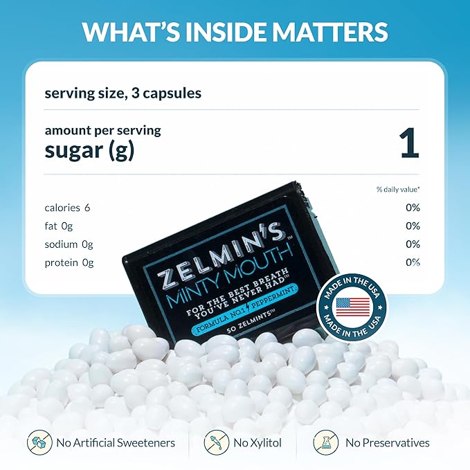 Zelmin's Minty Mouth Breath Freshener - (5 Pack) Long Lasting Bad Breath Treatment for Adults, Instant Freshness Helps with Dry Mouth, Natural Breath Mints for Travel, Alcohol-Free, Keto, Gluten-Free