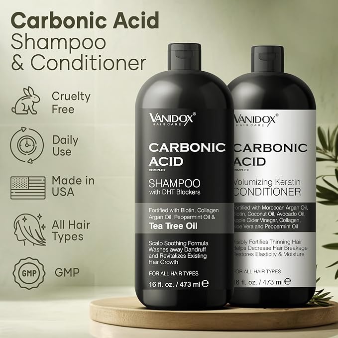 VANIDOX Carbonic Acid Shampoo and Conditioner for Men and Women, Deep Moisturizing Conditioner Thickens, Softens, & Smooths Set for Hair Growth and Repair, Made in USA - 16 Fl Oz Each