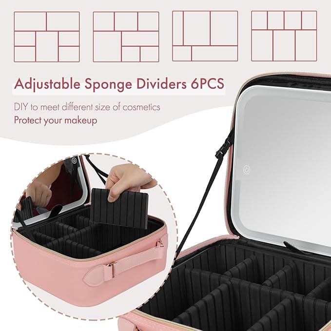 Behaesty Travel Makeup Bag with LED Mirror Double Layer, Detachable Vanity Mirror with Lights, Tri-light Dimmable, Makeup Case with Adjustable Dividers and Brush Holder Cosmetic Organizer Storage Box