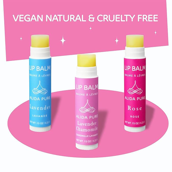 ALIDA PURE Floral Lip Balm Collection, Vegan Set, Beeswax Free, with Organic Jojoba and Avocado Oil, Vitamin E, Natural Moisturizer for Dry, Chapped or Cracked Lips, 3 Tube Set