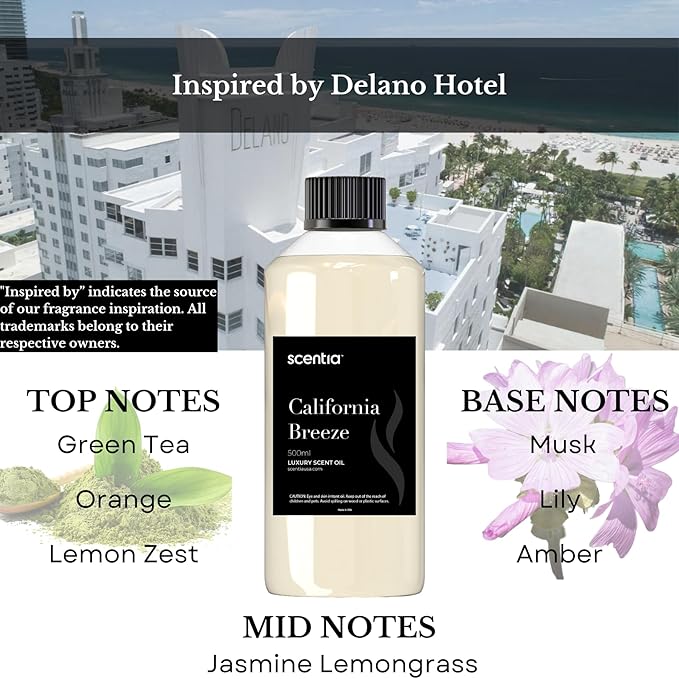 Scentia Luxury Diffuser Oil Inspired by The Delano Beach Club Hotel Scent - 50 mL 1.69 fl oz - Fragrance Oil Blend Orange, Green Tea for Aromatherapy Diffusers - California Breeze